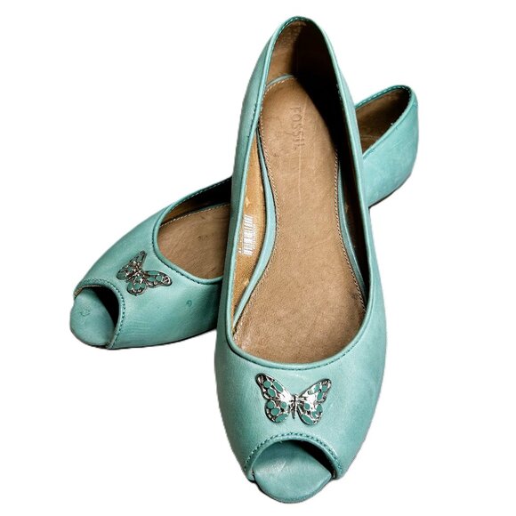 Fossil Flat Women's Size 8.5 Turquoise Leather Open Toe Butterfly - Picture 1 of 11